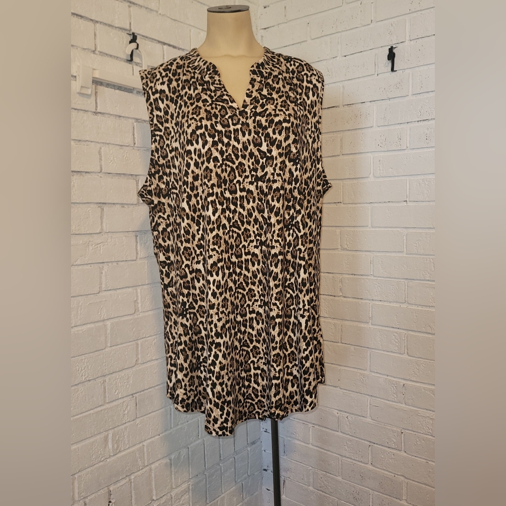 Leopard Print V-Neck Sleeveless Blouse by Belaroi - Plus Size 3X